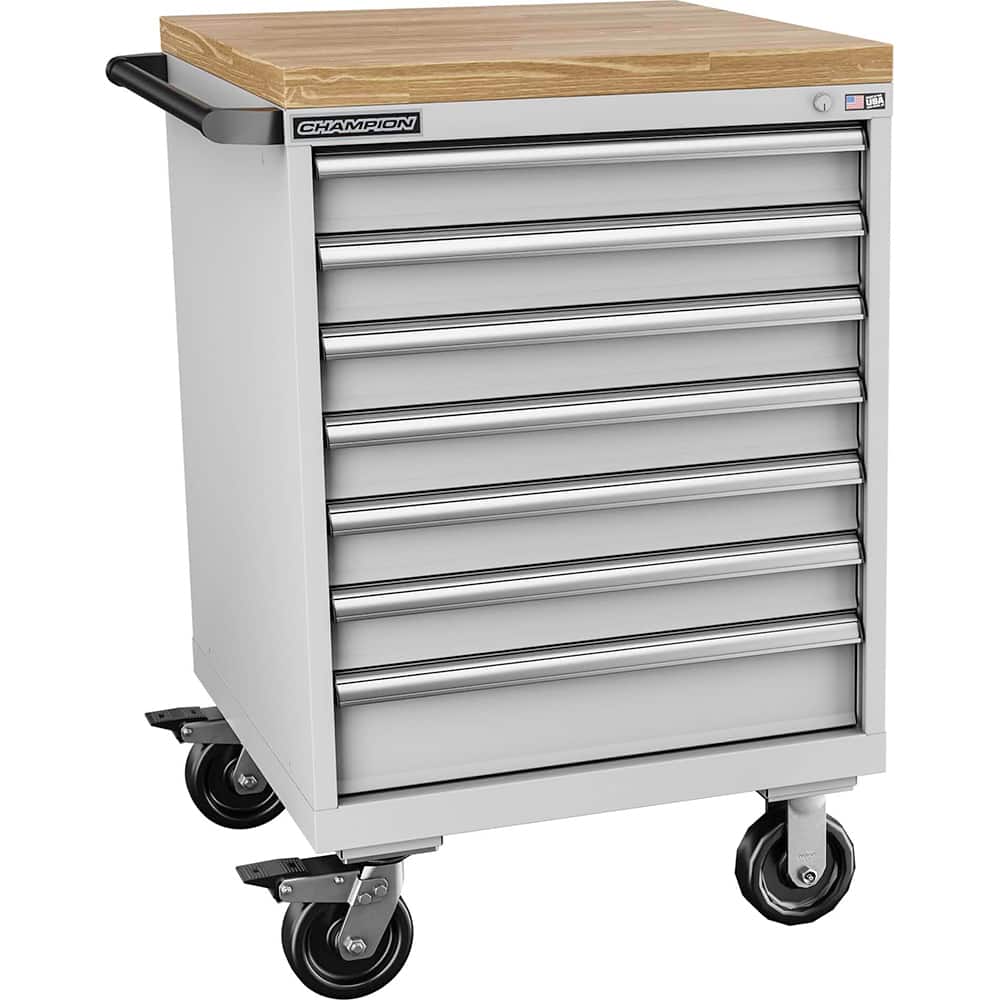 Champion Tool Storage - Mobile Work Centers; Type: Standard Depth Butcher Block Top Cabinet ; Load Capacity (Lb.): 440.000 ; Number of Drawers: 7 ; Width (Inch): 28-1/4 ; Depth (Inch): 28-1/2 ; Height (Inch): 43-1/4 - Exact Tool & Supply