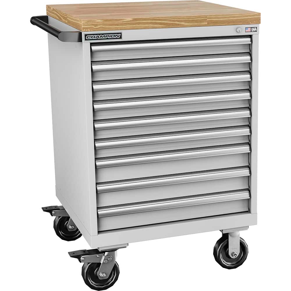 Champion Tool Storage - Mobile Work Centers; Type: Standard Depth Butcher Block Top Cabinet ; Load Capacity (Lb.): 440.000 ; Number of Drawers: 9 ; Width (Inch): 28-1/4 ; Depth (Inch): 28-1/2 ; Height (Inch): 43-1/4 - Exact Tool & Supply