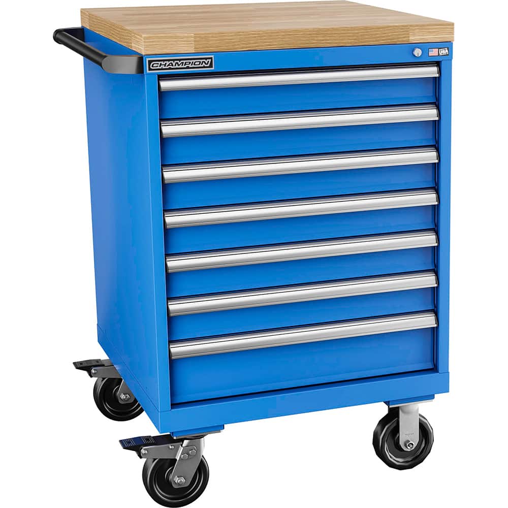 Champion Tool Storage - Mobile Work Centers; Type: Standard Depth Butcher Block Top Cabinet ; Load Capacity (Lb.): 440.000 ; Number of Drawers: 7 ; Width (Inch): 28-1/4 ; Depth (Inch): 28-1/2 ; Height (Inch): 43-1/4 - Exact Tool & Supply