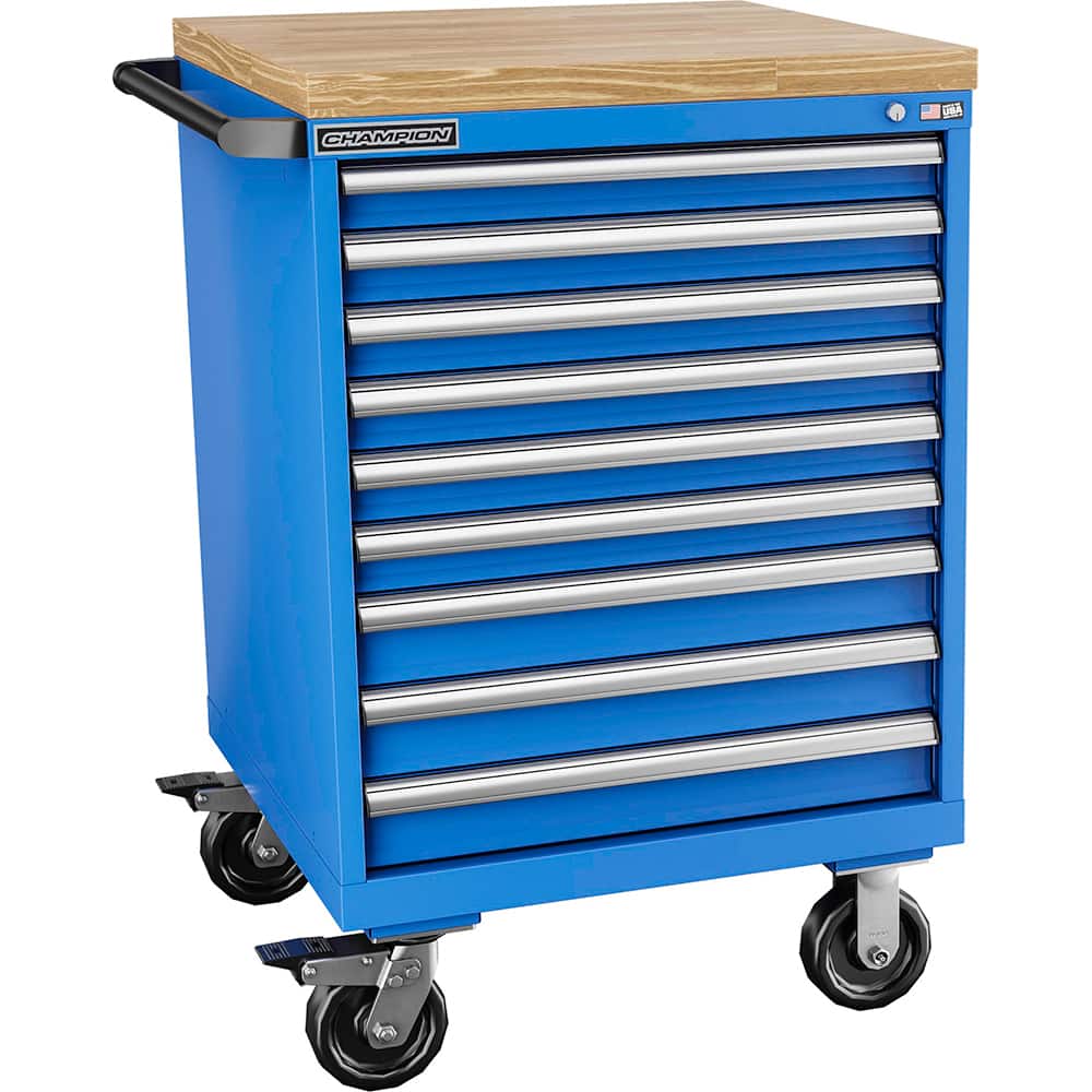 Champion Tool Storage - Mobile Work Centers; Type: Standard Depth Butcher Block Top Cabinet ; Load Capacity (Lb.): 440.000 ; Number of Drawers: 9 ; Width (Inch): 28-1/4 ; Depth (Inch): 28-1/2 ; Height (Inch): 43-1/4 - Exact Tool & Supply
