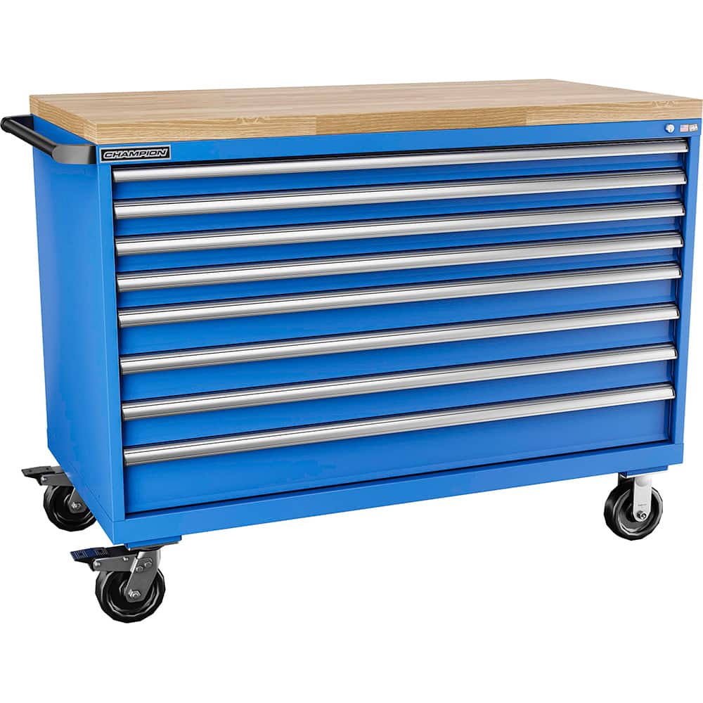 Champion Tool Storage - Mobile Work Centers; Type: Standard Depth Butcher Block Top Cabinet ; Load Capacity (Lb.): 440.000 ; Number of Drawers: 8 ; Width (Inch): 56-1/2 ; Depth (Inch): 28-1/2 ; Height (Inch): 43-1/4 - Exact Tool & Supply