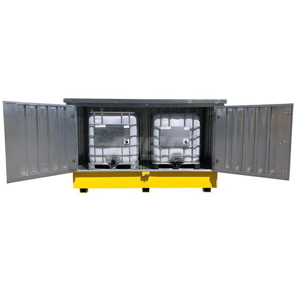 IBC Storage Lockers; Type: IBC Hard Top; Number of Totes: 2; Sump Capacity (Gal.): 370.00; Height (Inch): 76; Length (Inch): 57; Material: Steel; Load Capacity (Lb.): 12250.000; Color: Gray/Yellow