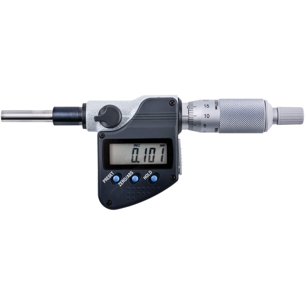 Mitutoyo - Electronic Micrometer Heads; Minimum Measurement (mm): 0 ; Maximum Measurement (mm): 25 ; Calibrated: No ; Resolution (mm): 0.001 ; Thimble Type: Plain ; Data Output: Yes - Exact Tool & Supply