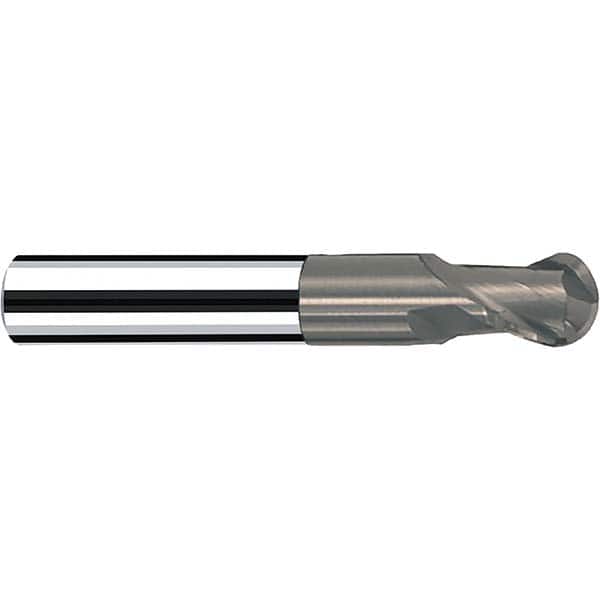 Ball End Mill: 0.125″ Dia, 2 Flute, Solid Carbide 3″ OAL, 1/8″ Shank Dia, 30 ° Helix, DUROREY Coated, Single End, Series Sphericut
