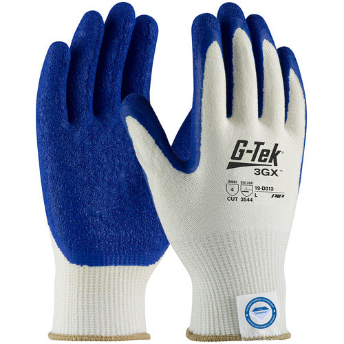 ‎19-D313/L Coated Gloves - G-Tek 3GX Dyneema Diamond - 13G White Shell - Blue Latex Crinkle Grip - A4 - Exact Tool & Supply