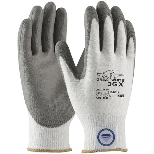 ‎19-D322/XXL Coated Gloves - Great White 3GX Dyneema Diamond - 13G White Shell - Gray PU Smooth Grip - A3 - Exact Tool & Supply