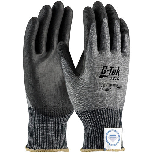 ‎19-D326/XS Coated Gloves - G-Tek 3GX Dyneema Diamond - 13G Gray Shell - Black PU Smooth Grip - A3 - Exact Tool & Supply
