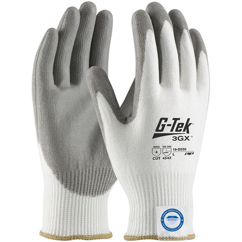 19-D330/XL Coated Gloves - G-Tek 3GX Dyneema Diamond - White 13G Shell - Gray PU Smooth Grip - A4 - Exact Tool & Supply