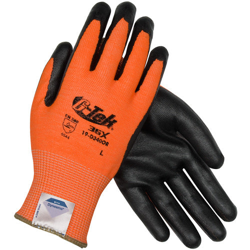19-D340OR/L Coated Gloves - G-Tek 3GX Dyneema Diamond - Hi-Vis Orange 13G - Black Nitrile Foam - A4 - Exact Tool & Supply