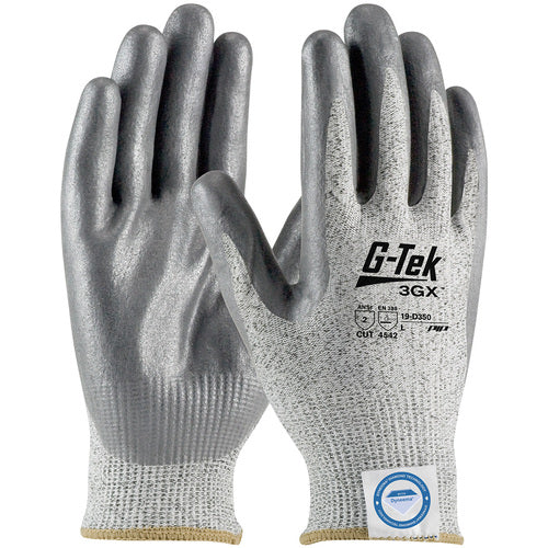 19-D350/XL Coated Gloves - G-Tek 3GX Dyneema Diamond - S&P 13G Shell - Gray Nitrile Foam Grip - A2 - Exact Tool & Supply