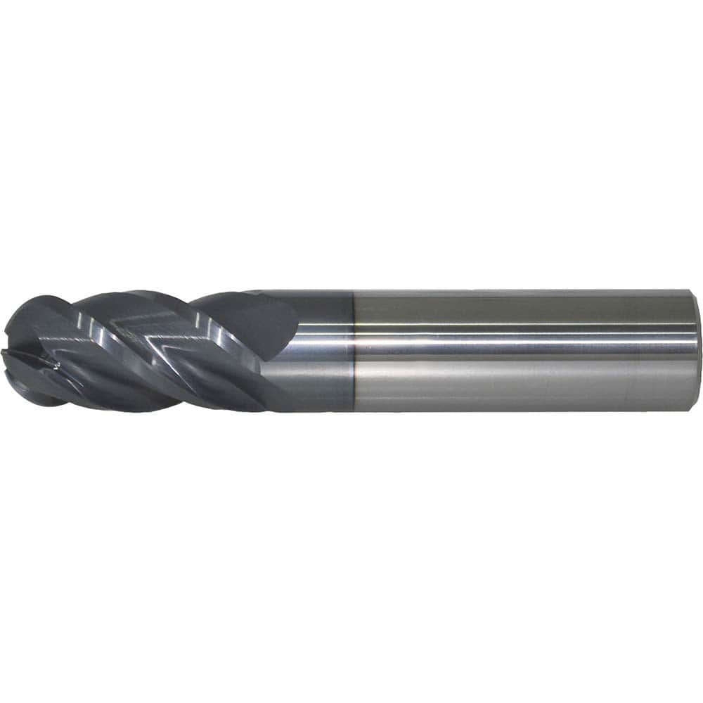 Ball End Mill: 0.3125″ Dia, 0.75″ LOC, 4 Flute, Solid Carbide 2-1/2″ OAL, 5/16″ Shank Dia, 40 ° Helix, AlTiN Coated, Single End