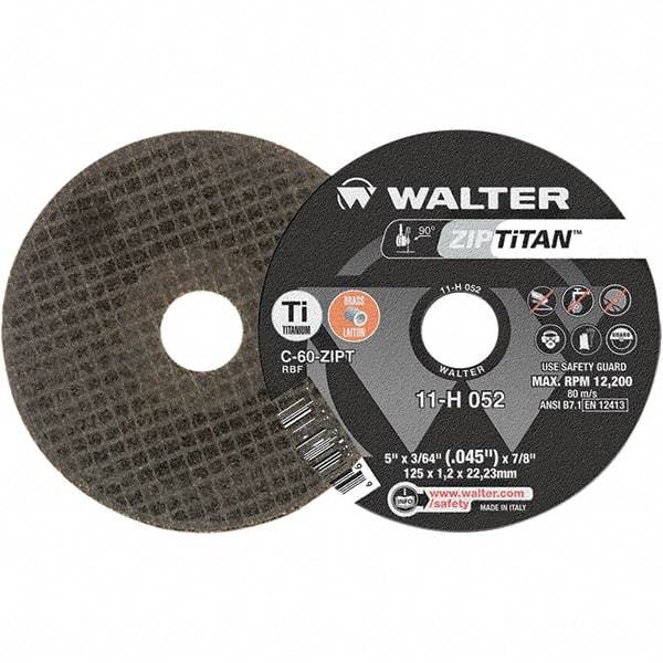 WALTER Surface Technologies - 5" Aluminum Oxide Cutoff Wheel - 3/64" Thick, 7/8" Arbor, 12,200 Max RPM, Use with Die Grinders - Exact Tool & Supply