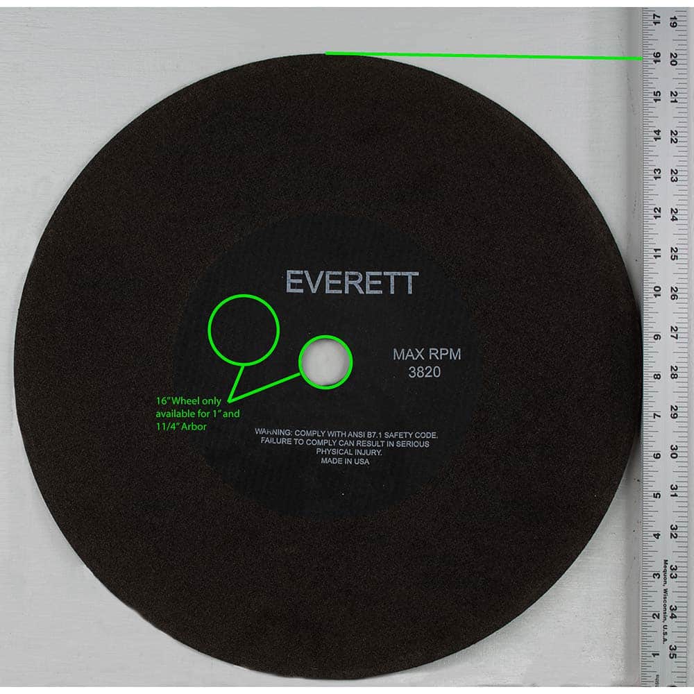 Everett - Cutoff Wheels; Tool Compatibility: Chop Saws; Cut-Off Saw; Electric-Powered Saw; Portable Saw; Shop Saw; Stationary Saw ; Wheel Diameter (Inch): 16 ; Wheel Thickness (Inch): .170 ; Abrasive Material: Aluminum Oxide ; Maximum RPM: 2590.000 ; Gri - Exact Tool & Supply