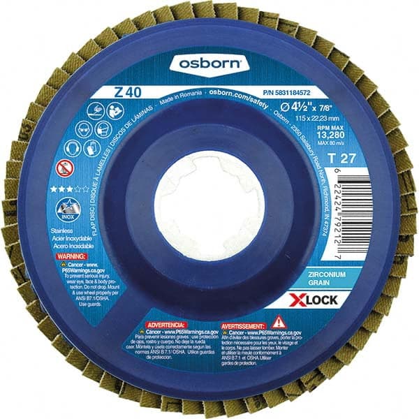 Osborn - 4-1/2" 40 Grit 5/8-11 Center Hole Type 27 Zirconia Alumina Flap Disc - Exact Tool & Supply