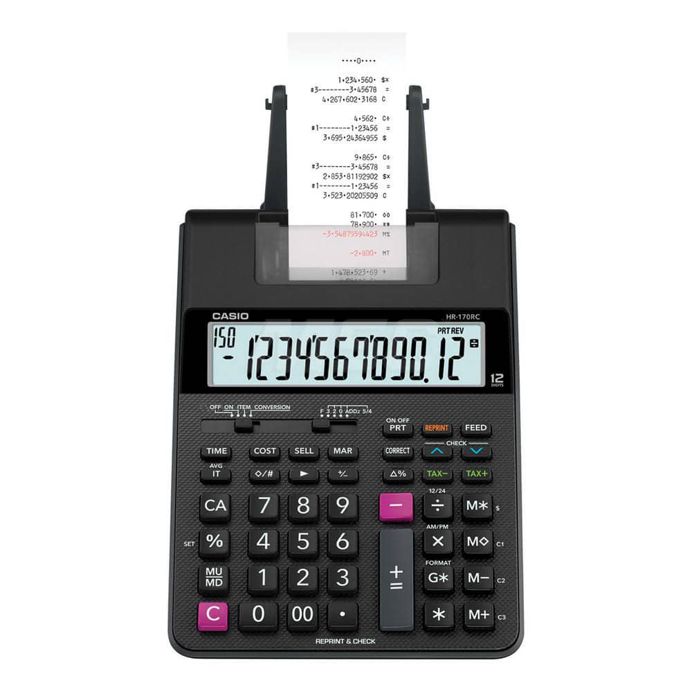 Casio - Calculators; Type: Printing Calculator ; Type of Power: AC ; Display Type: 12-Digit LCD ; Color: Black; Red ; Display Size: 12mm ; Width (Inch): 6-1/2 - Exact Tool & Supply