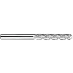 18 mm Dia. × 18 mm Shank × 75 mm DOC × 150 mm OAL, Carbide AlTiN, Spiral , 4 Flute, 30° Helix, Ballnose End Mill - Exact Tool & Supply