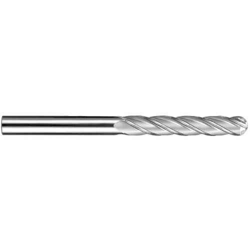 6 mm Dia. × 6 mm Shank × 25 mm DOC × 75 mm OAL, Carbide Uncoated, Spiral , 4 Flute, 30° Helix, Ballnose End Mill - Exact Tool & Supply