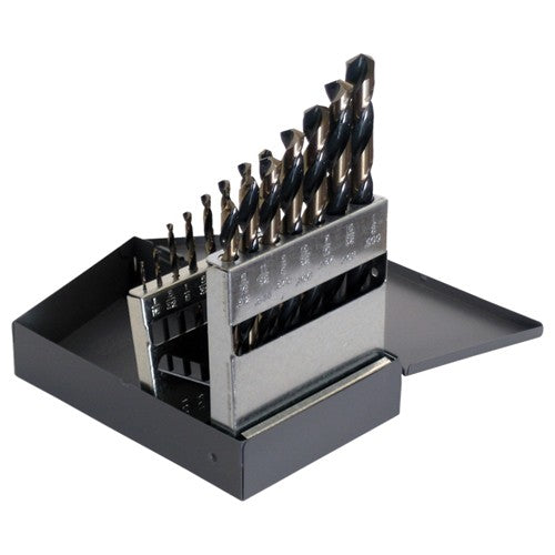‎1/16-1/2 RHS / RHC HSS 135 Degree Split Point Heavy Duty Black & Gold Jobber Length Drill Set - Black & Gold - Exact Tool & Supply