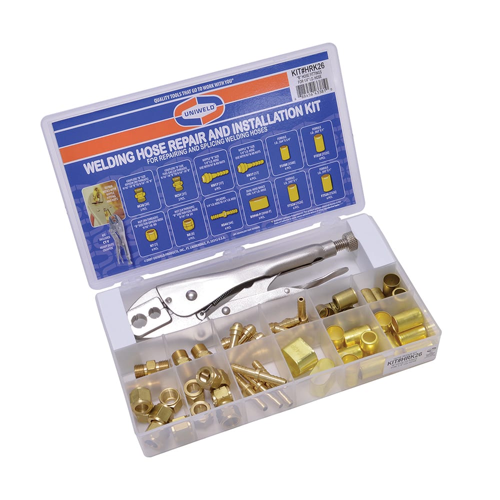 Made in USA - Ball Valve Fittings, Handles & O-Ring Kits; Type: Hose Repair Kit ; For Use With: Welding Hoses ; Contents: Couplers; Nipples; Nuts; Splicers; Ferrules; Heavy Duty crimper ; PSC Code: 3433 - Exact Tool & Supply