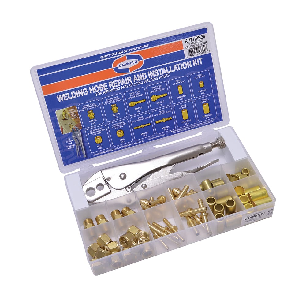 Made in USA - Ball Valve Fittings, Handles & O-Ring Kits; Type: Hose Repair Kit ; For Use With: Welding Hoses ; Contents: Couplers; Nipples; Nuts; Splicers; Ferrules; Heavy Duty crimper ; PSC Code: 3433 - Exact Tool & Supply
