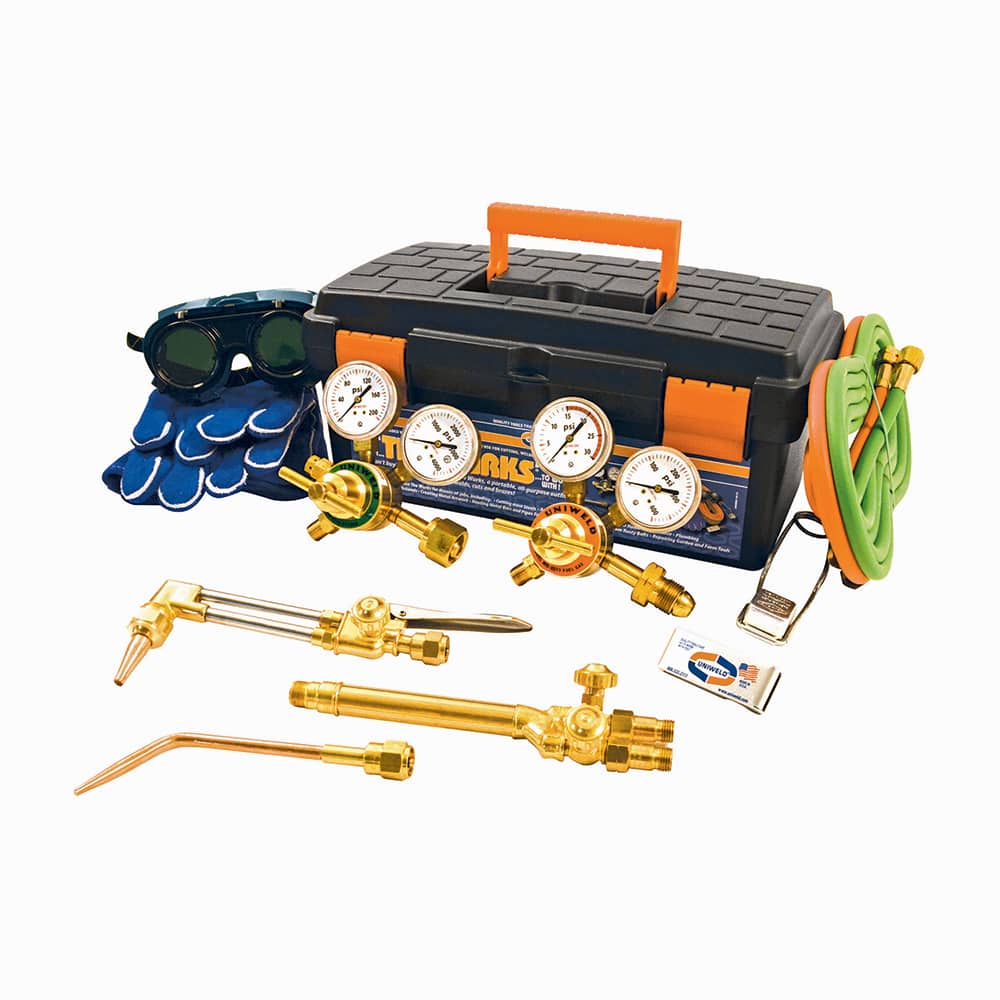 Made in USA - Oxygen/Acetylene Torch Kits; Type: Oxyacetylene ; Maximum Cutting: 6 (Inch); Welding Capacity: 1-1/4 (Inch); Maximum Heating Capacity: 5600?F ; Contents: Welding Handle WH350; Cutting Attachment CA350; Oxygen Regulator MR8210; Fuel Gas Regu - Exact Tool & Supply