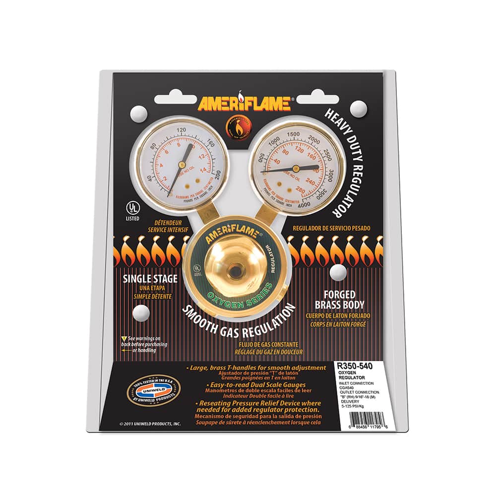 Value Collection - Welding Regulators; Gas Type: Oxygen ; CGA Inlet Connection: 540 ; Fitting Type: B; Male ; Maximum Pressure (psi): 4000.00 ; Thread Size: 18 ; Rotation: Clockwise - Exact Tool & Supply