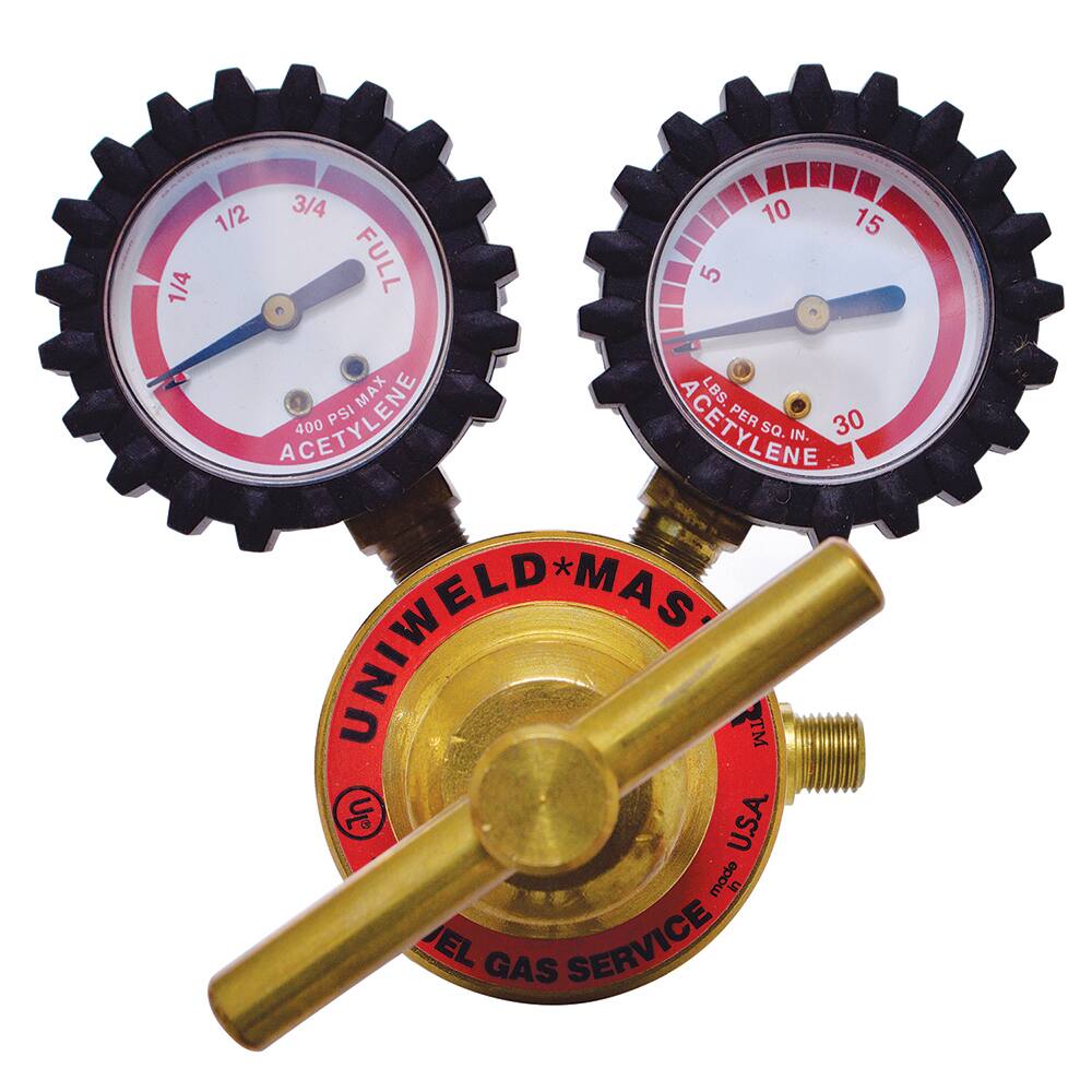 Made in USA - Welding Regulators; Gas Type: Acetylene ; CGA Inlet Connection: 520 ; Fitting Type: B L/H; Male ; Maximum Pressure (psi): 400.00 ; Thread Size: ?A? 24 (LH) ; Rotation: Clockwise - Exact Tool & Supply