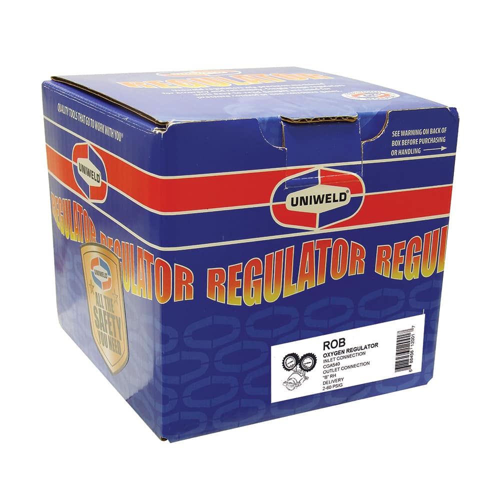 Made in USA - Welding Regulators; Gas Type: Oxygen ; CGA Inlet Connection: 540 ; Fitting Type: B R/H; Male ; Maximum Pressure (psi): 4000.00 ; Thread Size: B18 ; Description: ROB - Exact Tool & Supply