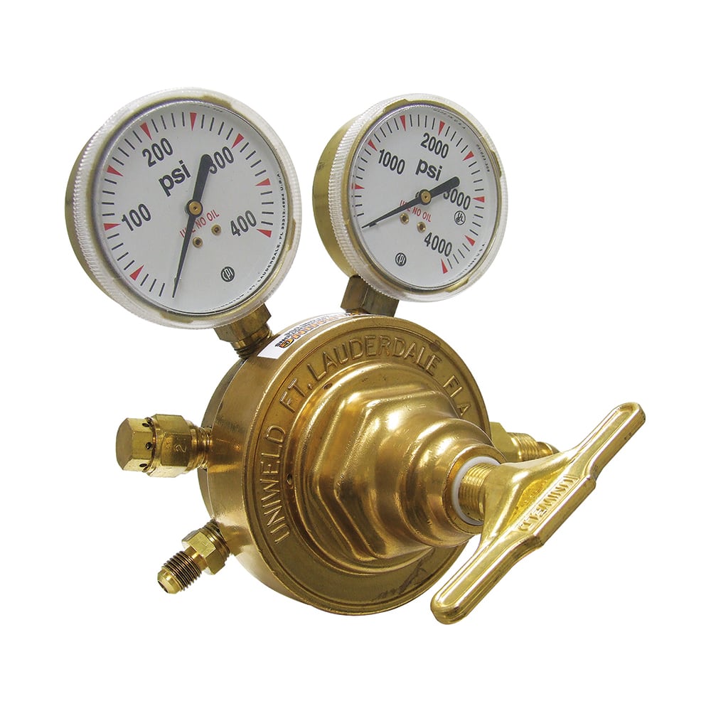 Made in USA - Welding Regulators; Gas Type: Nitrogen ; CGA Inlet Connection: 580 ; Fitting Type: Male ; Maximum Pressure (psi): 4000.00 ; Thread Size: 1/4 Male Flare ; Rotation: Clockwise - Exact Tool & Supply