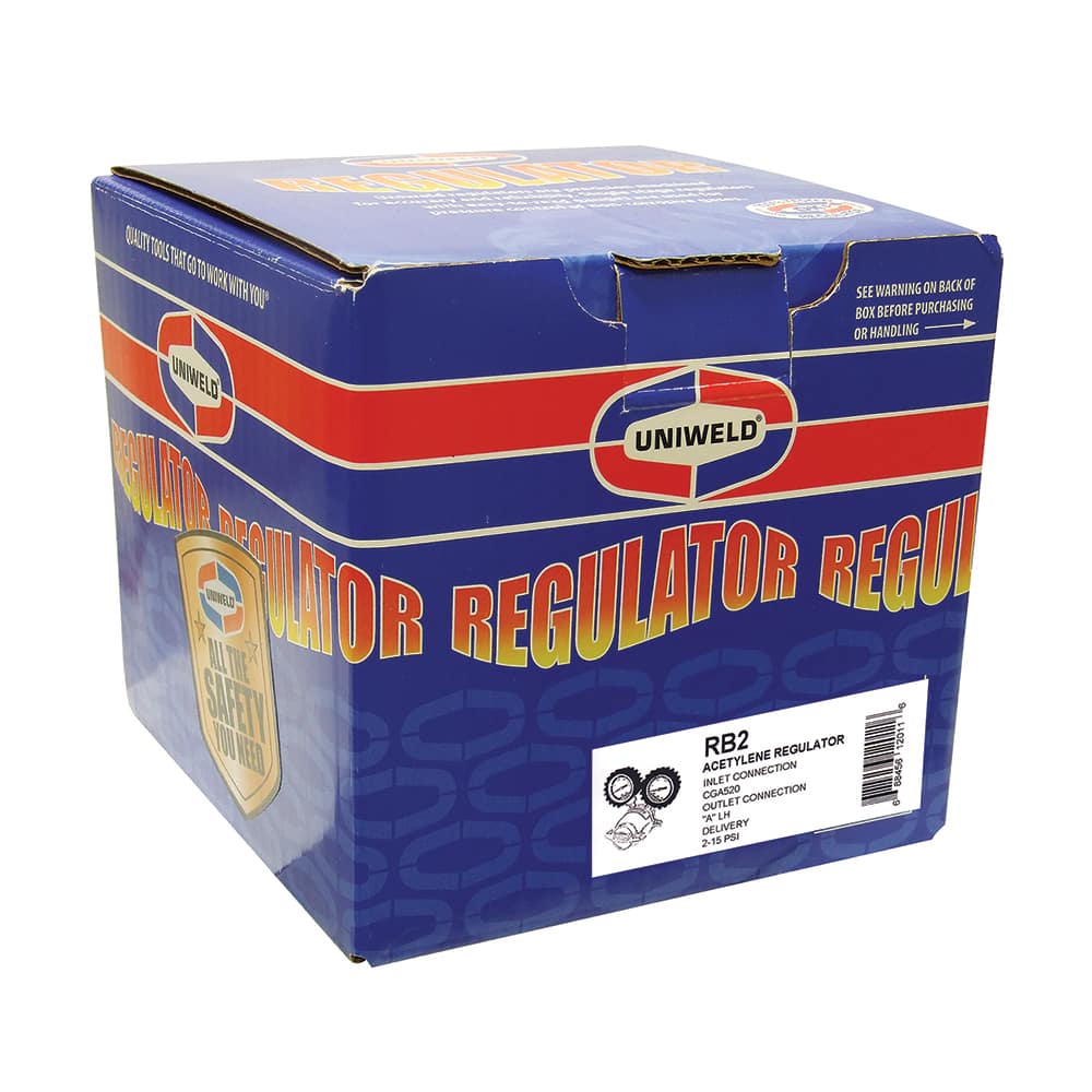 Made in USA - Welding Regulators; Gas Type: Acetylene ; CGA Inlet Connection: 520 ; Fitting Type: A; Male ; Maximum Pressure (psi): 15.00 ; Thread Size: ?A? 24 (LH) ; Rotation: Clockwise - Exact Tool & Supply