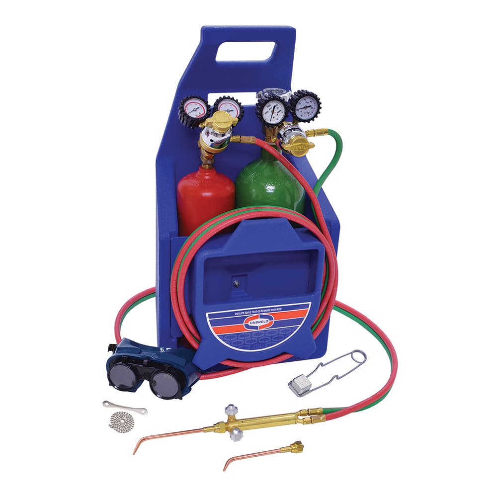 Made in USA - Oxygen/Acetylene Torch Kits; Type: Brazing & Welding Outfit ; Welding Capacity: 1/4 (Inch); Maximum Heating Capacity: 5600?F ; Contents: Welding Handle 71; Oxygen Regulator RO; Fuel Gas Regulator RMC2; Welding Brazing Tip TYPE17-0; TYPE17-2 - Exact Tool & Supply
