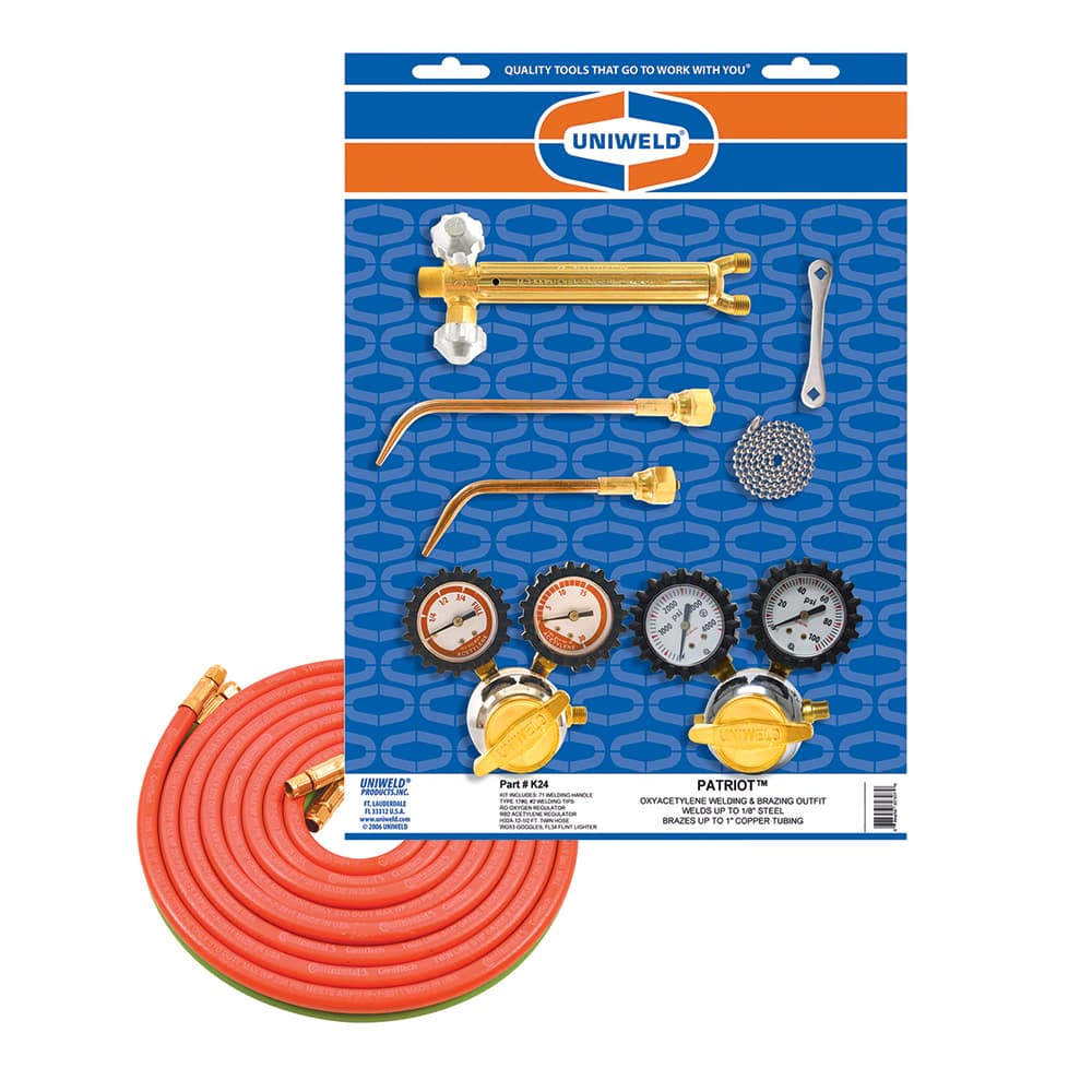 Made in USA - Oxygen/Acetylene Torch Kits; Type: Brazing & Welding Outfit ; Welding Capacity: 1/4 (Inch); Maximum Heating Capacity: 5600?F ; Contents: Welding Handle 71; Oxygen Regulator RO; Fuel Gas Regulator RB2; Welding Brazing Tip TYPE17-0; TYPE17-2 - Exact Tool & Supply