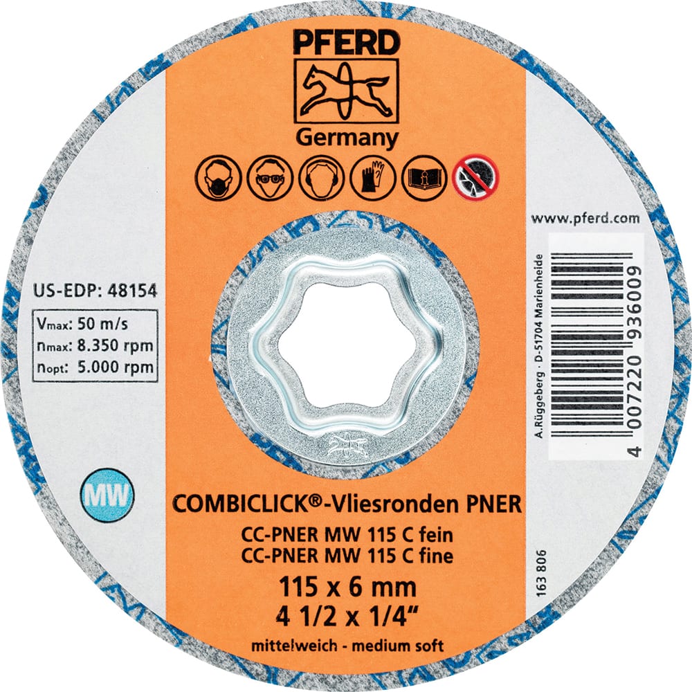 PFERD - Quick Change Discs; Disc Diameter (Inch): 4-1/2 ; Attaching System: COMBICLICK ; Abrasive Type: Non-Woven ; Abrasive Material: Silicon Carbide ; Grade: Fine ; Backing Material: Cloth - Exact Tool & Supply