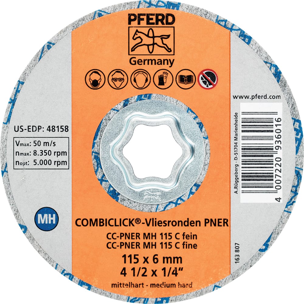 PFERD - Quick Change Discs; Disc Diameter (Inch): 4-1/2 ; Attaching System: COMBICLICK ; Abrasive Type: Non-Woven ; Abrasive Material: Silicon Carbide ; Grade: Fine ; Backing Material: Cloth - Exact Tool & Supply