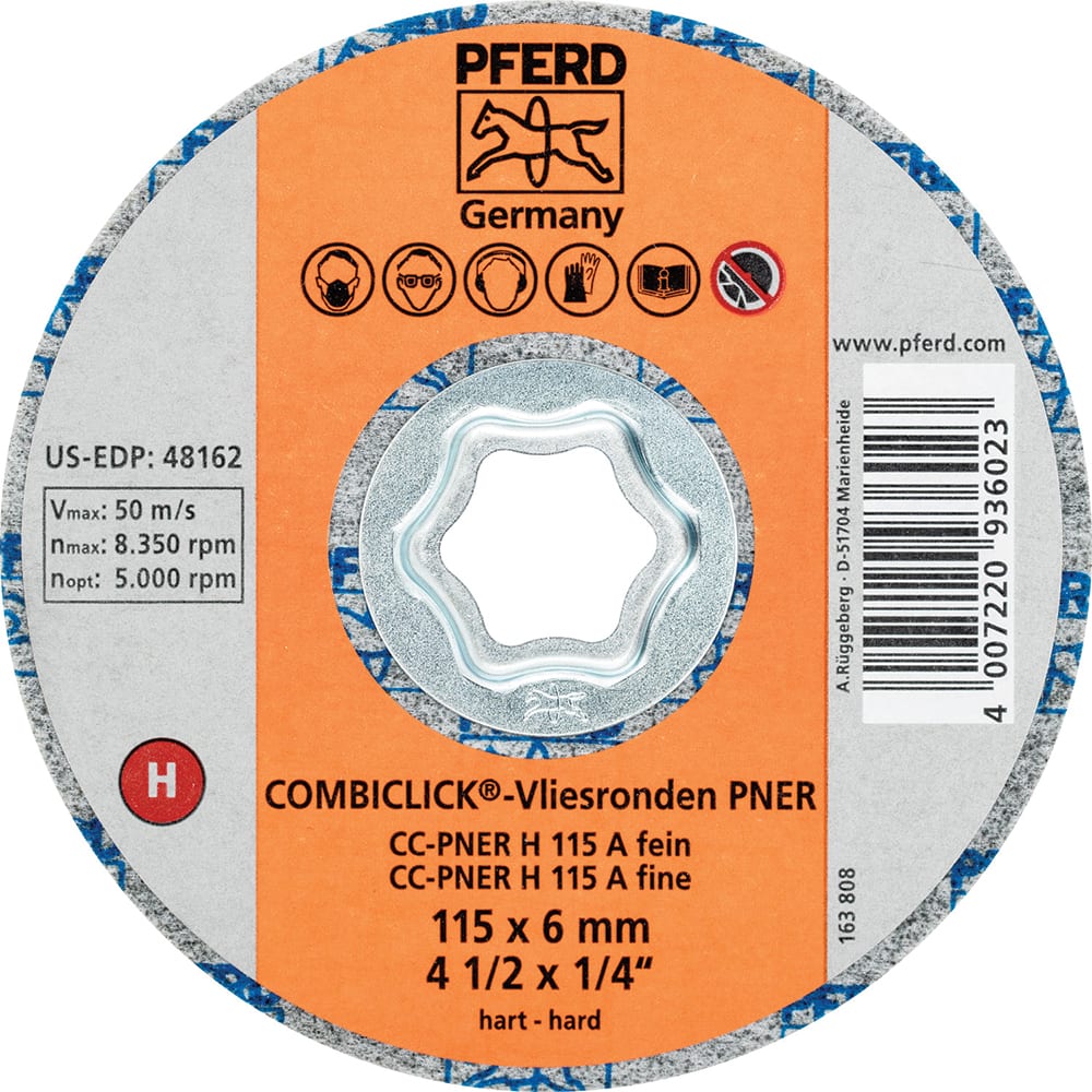 PFERD - Quick Change Discs; Disc Diameter (Inch): 4-1/2 ; Attaching System: COMBICLICK ; Abrasive Type: Non-Woven ; Abrasive Material: Aluminum Oxide ; Grade: Fine ; Backing Material: Cloth - Exact Tool & Supply