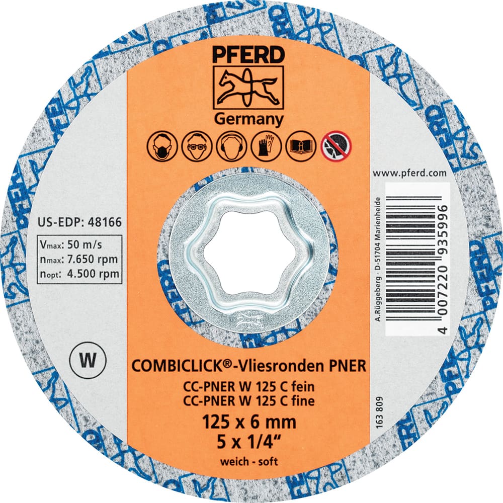 PFERD - Quick Change Discs; Disc Diameter (Inch): 5 ; Attaching System: COMBICLICK ; Abrasive Type: Non-Woven ; Abrasive Material: Silicon Carbide ; Grade: Fine ; Backing Material: Cloth - Exact Tool & Supply