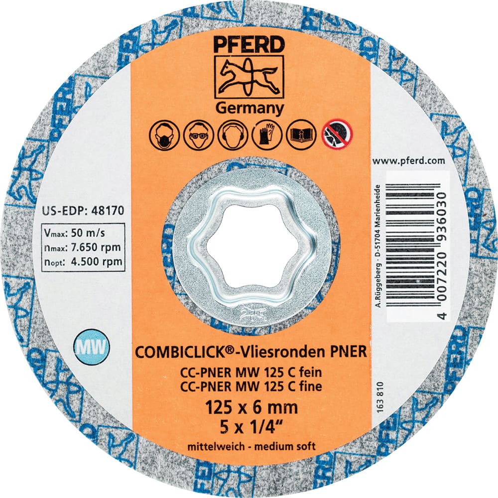 PFERD - Quick Change Discs; Disc Diameter (Inch): 5 ; Attaching System: COMBICLICK ; Abrasive Type: Non-Woven ; Abrasive Material: Silicon Carbide ; Grade: Fine ; Backing Material: Cloth - Exact Tool & Supply