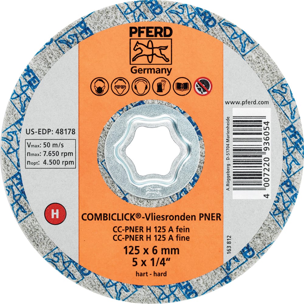 PFERD - Quick Change Discs; Disc Diameter (Inch): 5 ; Attaching System: COMBICLICK ; Abrasive Type: Non-Woven ; Abrasive Material: Aluminum Oxide ; Grade: Fine ; Backing Material: Cloth - Exact Tool & Supply