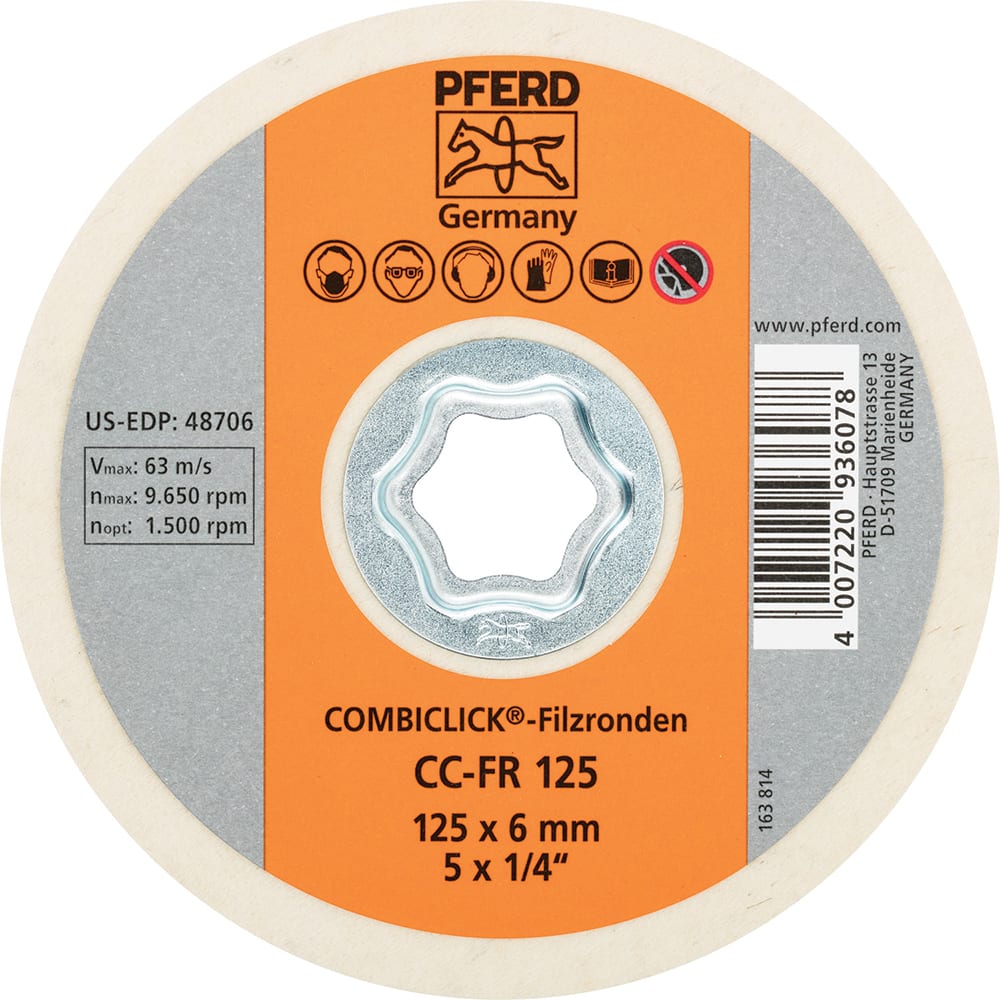 PFERD - Quick Change Discs; Disc Diameter (Inch): 5 ; Attaching System: COMBICLICK ; Abrasive Type: Non-Woven ; Abrasive Material: Felt ; Backing Material: Cloth ; Maximum RPM: 9650.000 - Exact Tool & Supply
