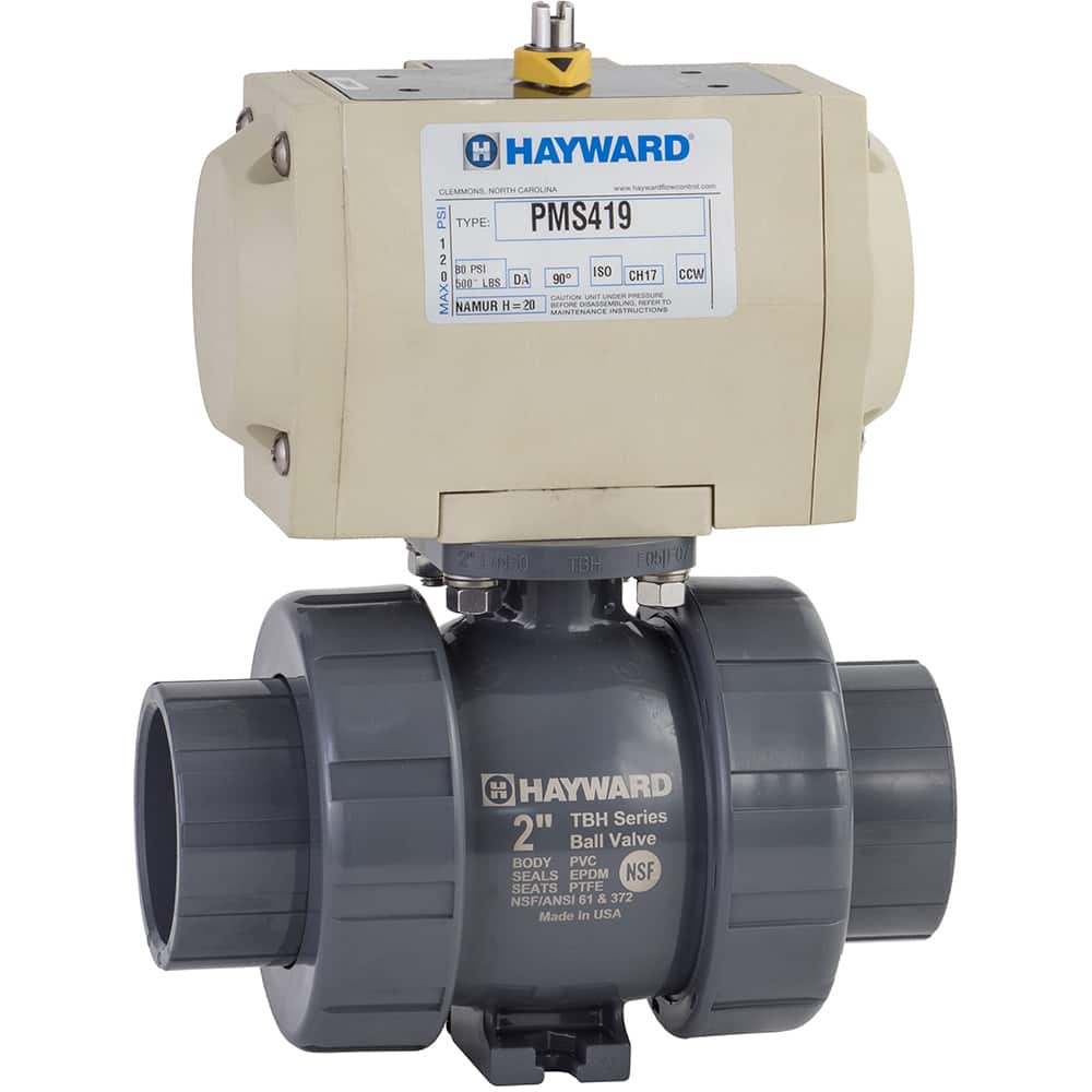 Hayward - Actuated Ball Valves; Actuator Type: Pneumatic Spring Return w/Solenoid ; Pipe Size: 1/2 (Inch); Material: PVC ; Seal Material: FPM ; Number of Pieces: 2.000 ; End Connections: Socket; Threaded - Exact Tool & Supply