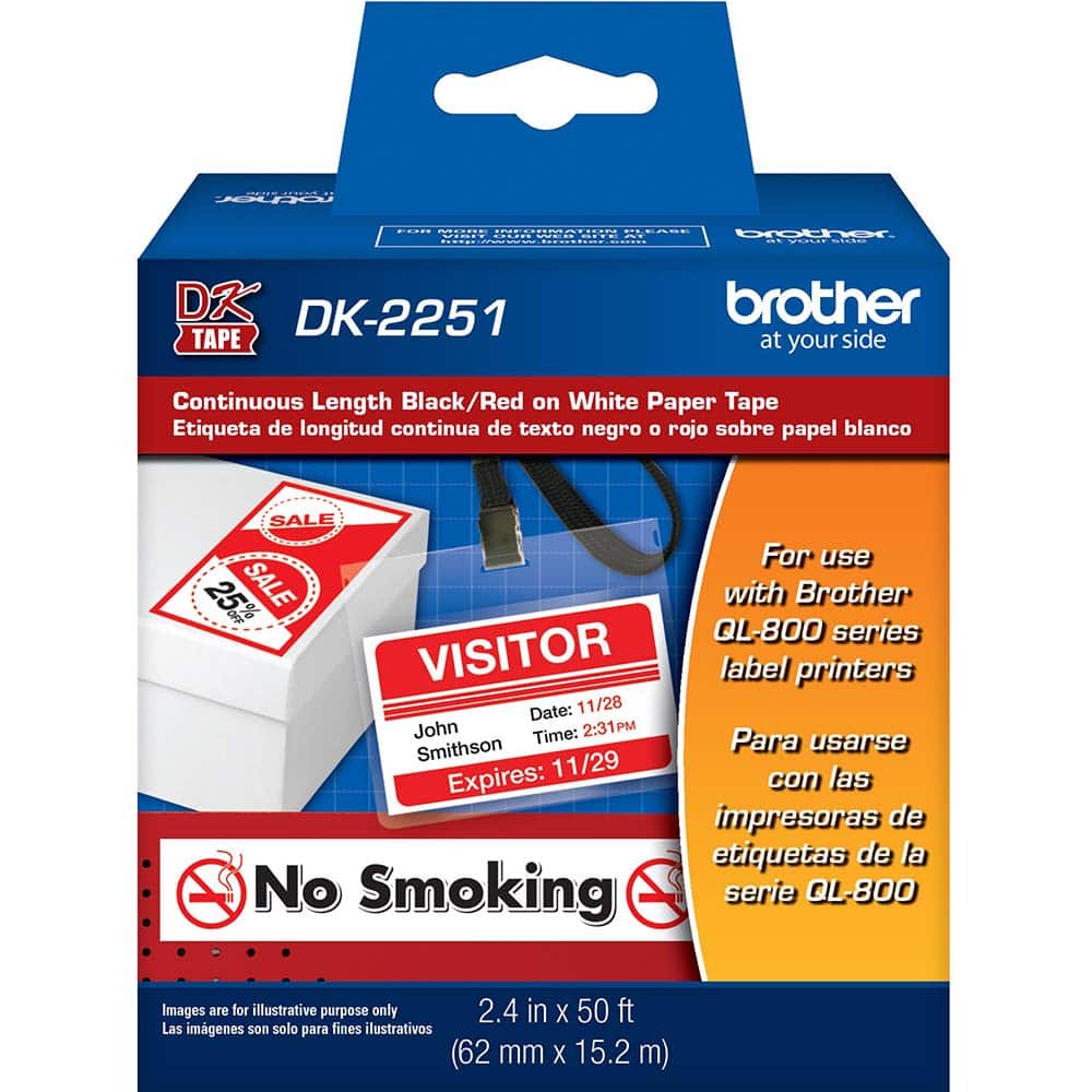 Brother - Labels, Ribbons & Tapes; Type: Label Tape ; Color: Black/Red on White ; For Use With: Brother QL-800; QL-810W; QL-820NWB Label Printers ; Width (mm): 62.00 ; Length (Feet): 50 ; Material: Paper - Exact Tool & Supply