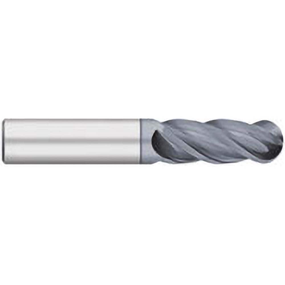 Ball End Mill: 0.25″ Dia, 0.75″ LOC, 4 Flute, Solid Carbide 2-1/2″ OAL, 1/4″ Shank Dia, 38 ° Helix, AlCrO-MAX Coated, Single End