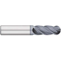 Ball End Mill: 0.25″ Dia, 0.75″ LOC, 4 Flute, Solid Carbide 2-1/2″ OAL, 1/4″ Shank Dia, 38 ° Helix, AlCrO-MAX Coated, Single End