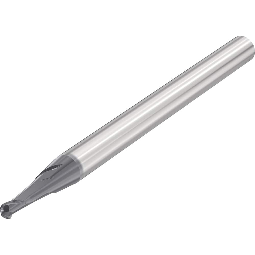 Ball End Mill: 0.1181″ Dia, 2 Flute, Solid Carbide 80 mm OAL, 6 mm Shank Dia, 30 ° Helix, SIRON-A Coated, Single End, Series JHB970