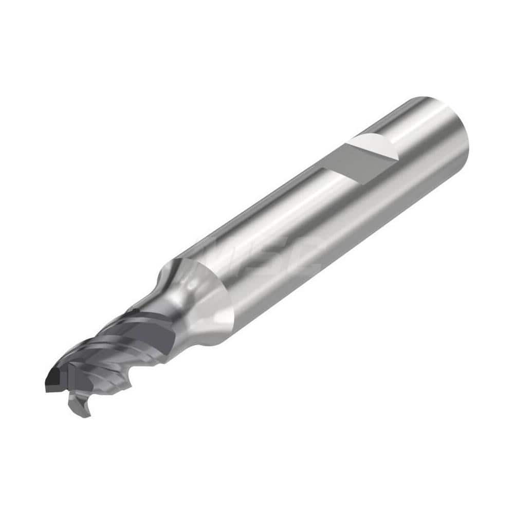 Corner Radius End Mill: 0.1181″ Dia, 3 Flutes, Solid Carbide 48 ° Helix, SIRON-A Coated, Corner Chamfer End, Centercutting, Series JS553