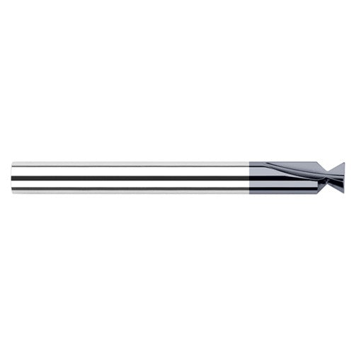 Dovetail Cutters - 0.0790″ Cutter Diameter × 0.0150″ (1/64″) Radius × 48° included Carbide Dovetail Cutter with Drop Hole Allowance, 2 Flutes, AlTiN Coated - Exact Tool & Supply