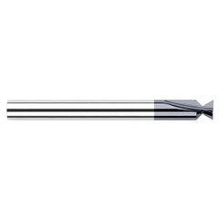Dovetail Cutters - 0.0790″ Cutter Diameter × 0.0150″ (1/64″) Radius × 48° included Carbide Dovetail Cutter with Drop Hole Allowance, 2 Flutes, AlTiN Coated - Exact Tool & Supply