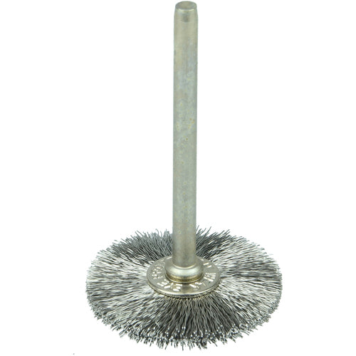 1″ Miniature Wire Wheel, .003″ Stainless Steel Fill, 1/8″ Stem - Exact Tool & Supply