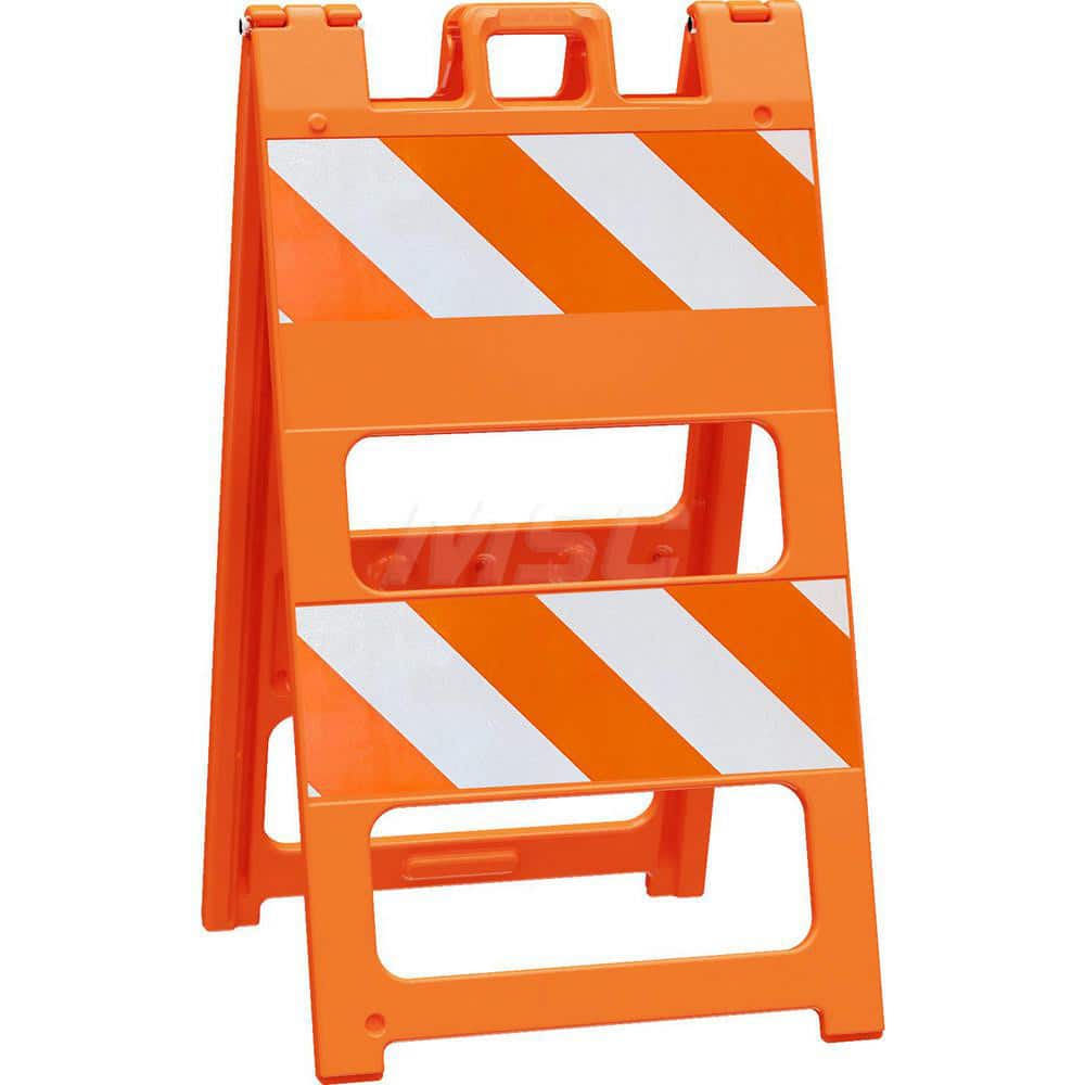 Traffic Barricades; Type: Type II; Barricade Height (Inch): 45; Material: Plastic; Barricade Width (Inch): 25; Reflective: Yes; Compliance: MASH Compliant; MUTCD; Color: Orange; Weight (Lb.): 16.0000; Top Panel Height (Inch): 8; Top Panel Width (Inch): 24