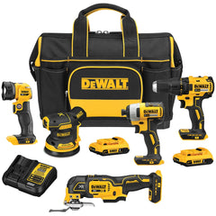 DeWALT - Cordless Tool Combination Kits; Voltage: 20 ; Tools: 1/2" Compact Drill/Driver; 1/4" Impact Driver; Brushless 3-Speed Cordless Oscillating Multi-Tool; 5" Brushless Cordless Random Orbit Sander ; Battery Chemistry: Lithium Ion ; Battery Series: 2 - Exact Tool & Supply